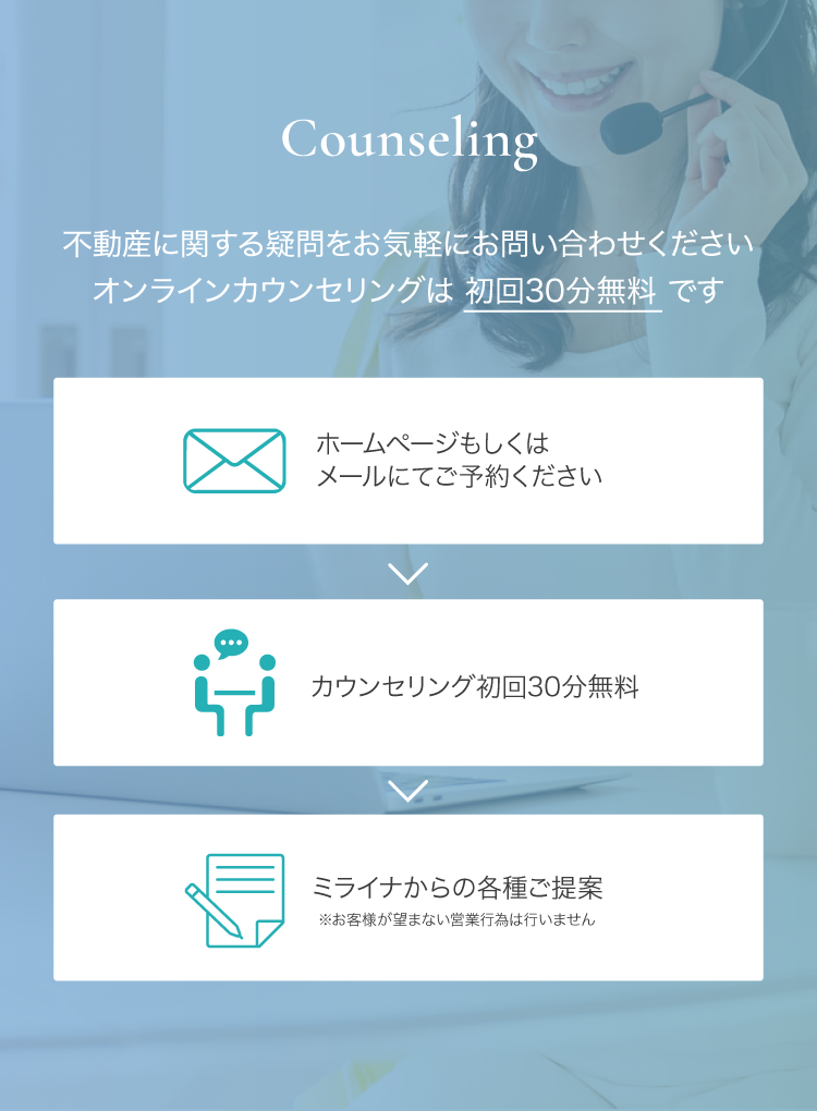 Counseling 不動産に関する疑問をお気軽にお問い合わせください。オンラインカウンセリングは初回30分無料です。